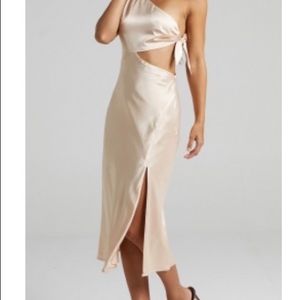 Showpo Glaucus One Shoulder Dress in Champagne Satin